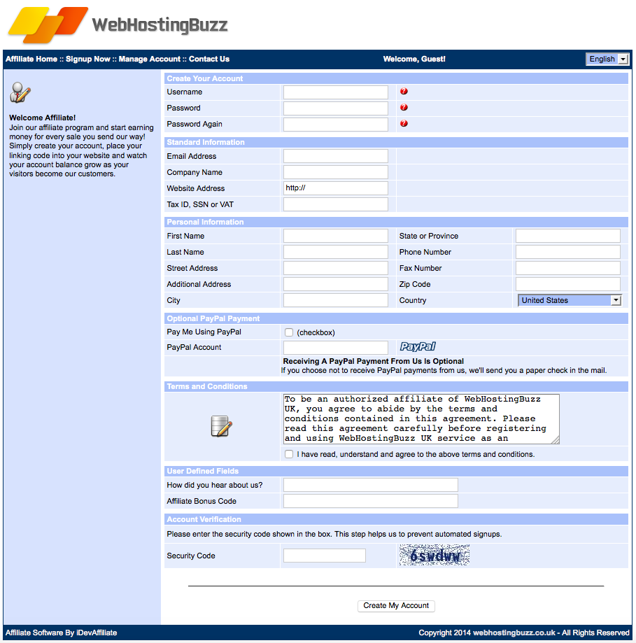 WebHostingBuzz UK Affiliate sign up form